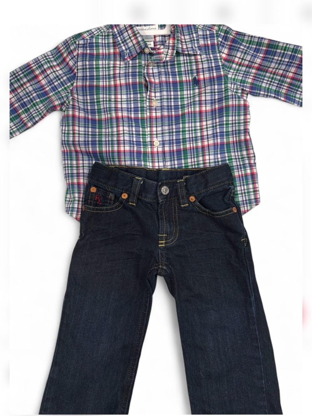 Ralph Lauren Boys Plaid Button-Up Shirt & Dark Blue Jeans Set